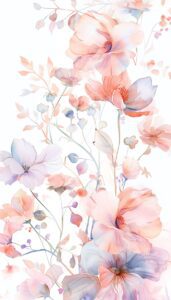 A watercolor illustration of delicate pastel flowers in soft pinks and blues on a white background for iPhone wallpaper.