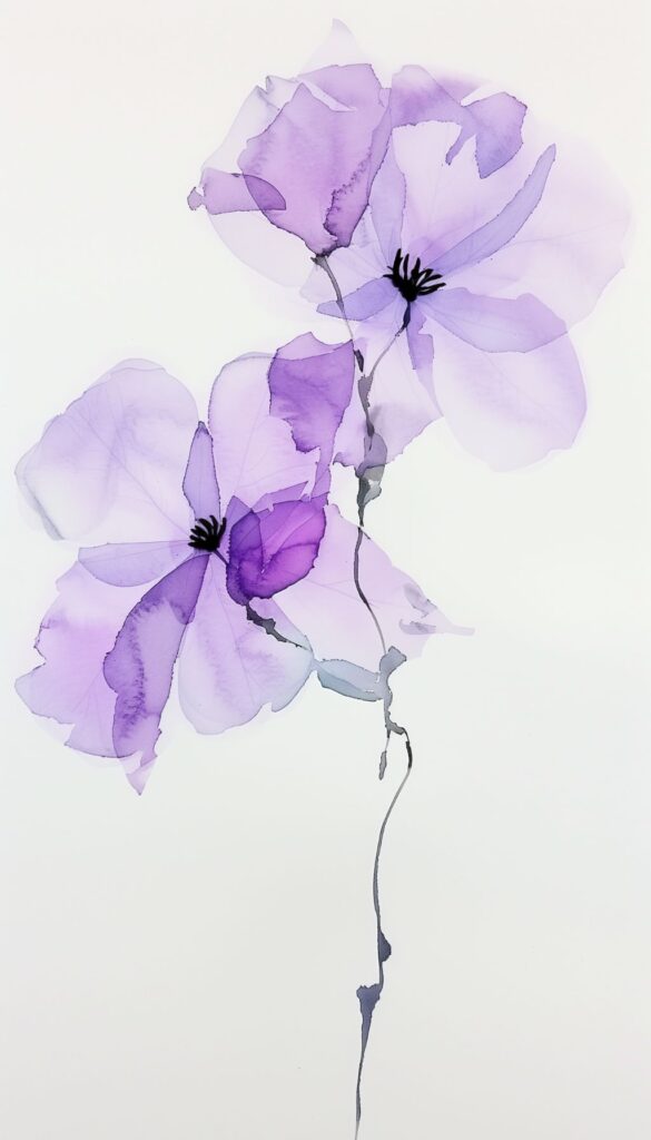 Two pastel purple watercolor flowers with delicate petals and dark centers, presented on a clean white background.