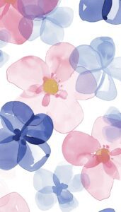 A phone background featuring stylized flowers in soft pastel pinks and blues with a watercolor effect, suitable for use as iPhone wallpaper.