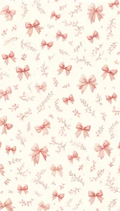 Seamless pattern of tiny pastel baby pink bows and delicate botanicals on an off-white background for an iPhone wallpaper.