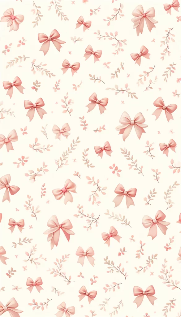 Seamless pattern of tiny pastel baby pink bows and delicate botanicals on an off-white background for an iPhone wallpaper.