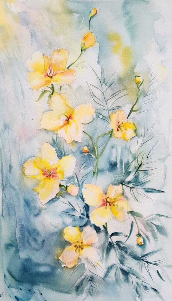 Watercolor painting of pastel yellow flowers with soft green foliage on a muted blue and yellow background, suitable for use as iPhone wallpaper or phone background.