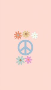 Minimalist iPhone wallpaper featuring a pale blue peace symbol encircled by pastel-colored flowers on a soft pink background.