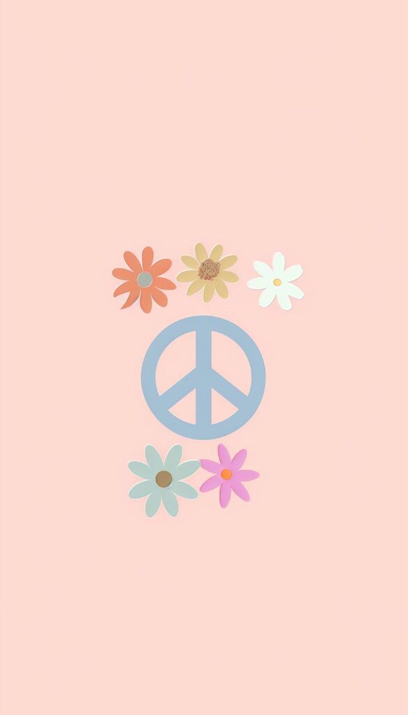 Minimalist iPhone wallpaper featuring a pale blue peace symbol encircled by pastel-colored flowers on a soft pink background.