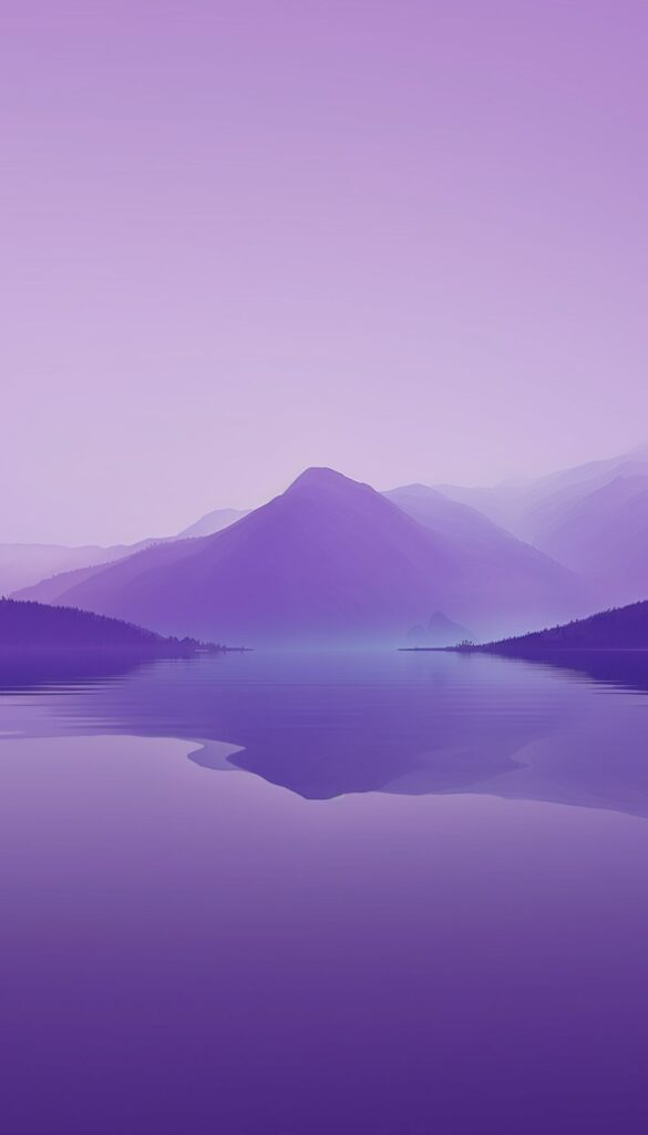 Layered purple mountains and a serene lake under a gradient violet sky, ideal for an iPhone wallpaper or phone background.