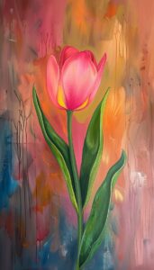 A painted pink tulip with a blurred multicolored background, suitable as a stylish iPhone wallpaper or phone background.