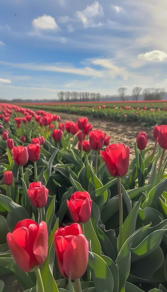 A field of bright red tulips under a blue sky with clouds, captured for a lively iPhone wallpaper.