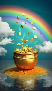 An iPhone wallpaper featuring a golden pot full of coins spilling over at the end of a colorful rainbow, reflecting on water below.