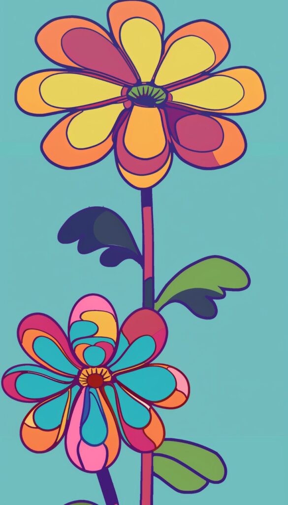 Vibrant stylized flowers in mustard yellow, orange, pink, and blue, with bold purple outlines, set against a teal background for a retro-styled iPhone wallpaper.