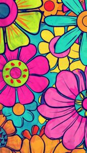 Colorful, retro-style floral illustration wallpaper for iPhone featuring vibrant, oversized flowers in bold outlines.