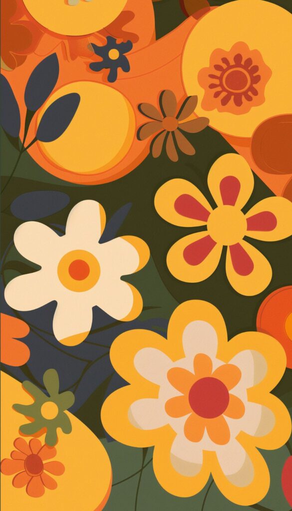 Vibrant retro-styled flowers in orange, yellow, and red hues on a deep green background, ideal for iPhone wallpaper or lock screen.