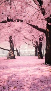 Cherry blossoms in full bloom over a tranquil river, designed as an iPhone wallpaper.