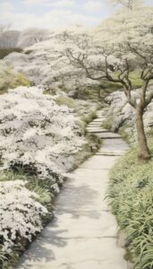 A serene garden path lined with flourishing white blossoms and green plants, perfect for an iPhone wallpaper or phone background.