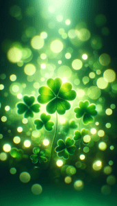 A vibrant iPhone wallpaper displaying a cluster of green shamrocks with a sparkling bokeh effect in the background.