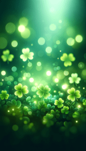 Green bokeh lights and shamrocks creating a sparkling effect for an iPhone wallpaper.