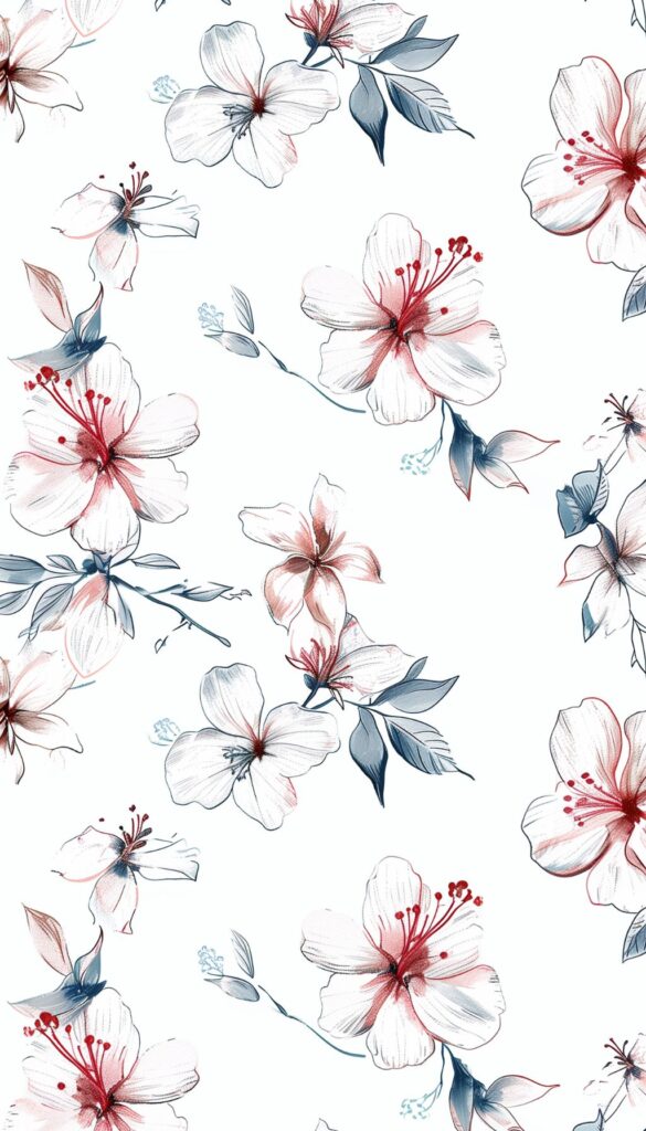 Sketched hibiscus flowers in red and blue on a white iPhone wallpaper, creating a chic and natural phone background.