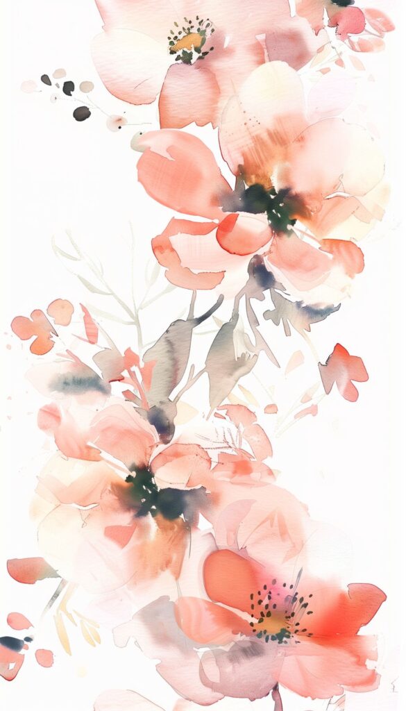 Abstract watercolor flowers in soft reds and pinks splashed across a phone background, designed for an artistic iPhone wallpaper or lock screen.