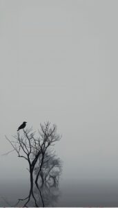 Minimalist iPhone wallpaper showing the silhouette of a bird on a leafless tree with a smooth gradient background reflecting in water.