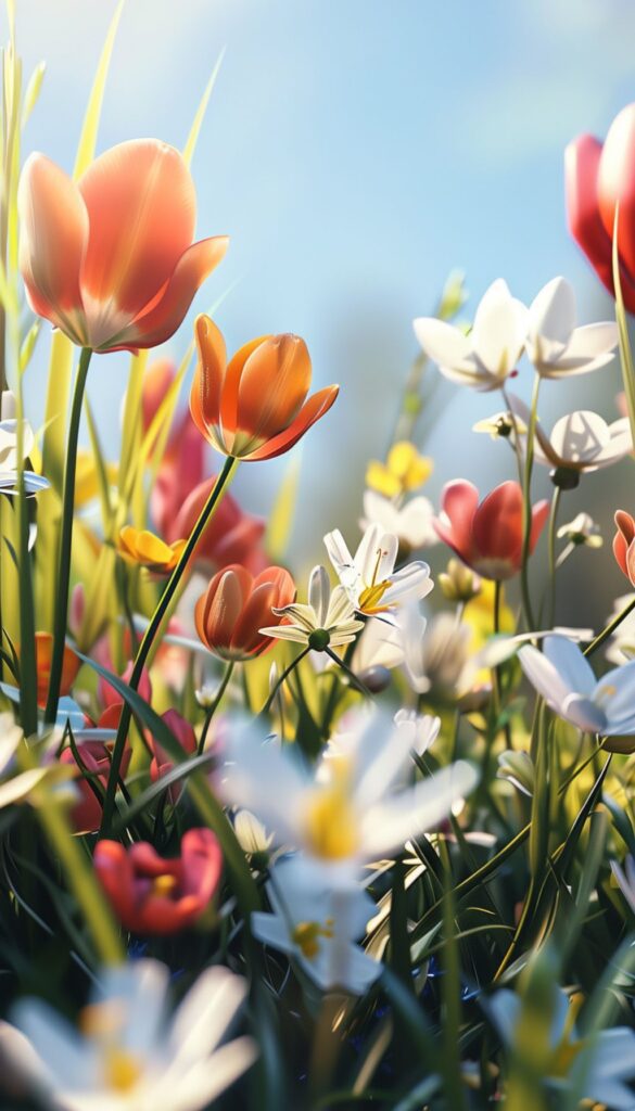 A mix of colorful tulips and white wildflowers in a sunlit field, intended as iPhone wallpaper.