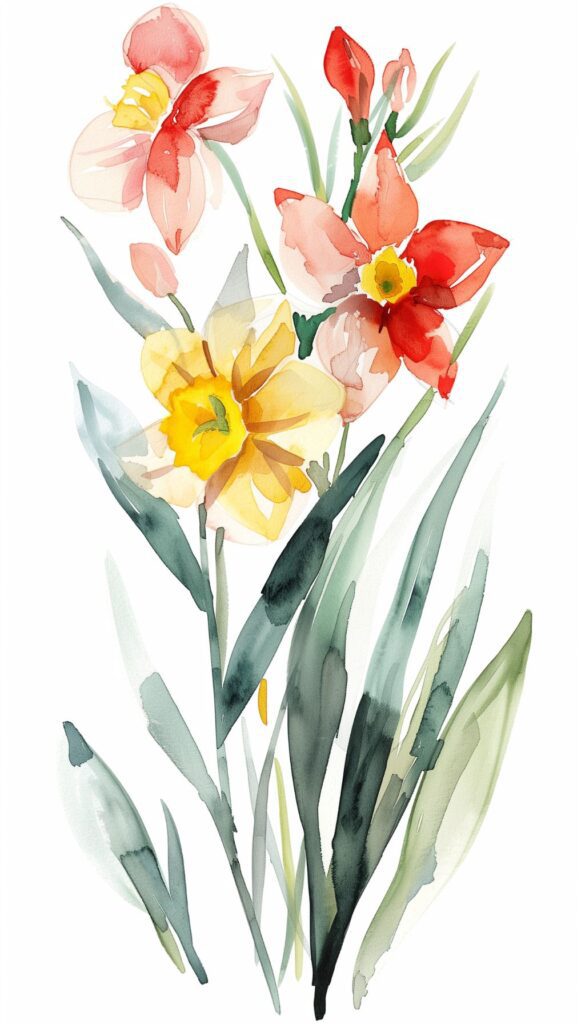 Watercolor painting of spring flowers in red, yellow, and pink hues for iPhone wallpaper.