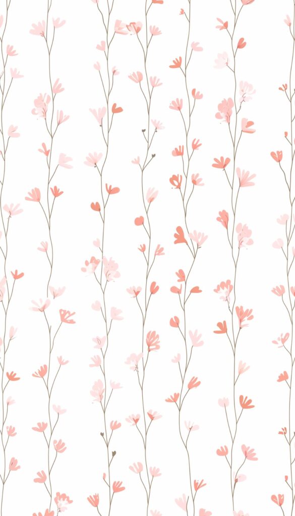 An iPhone wallpaper with a vertical pattern of dark taupe branches with soft pink and coral flowers against an off-white background, suitable for a serene phone design.