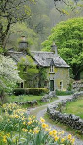 A picturesque iPhone wallpaper of a stone cottage surrounded by lush greenery and vibrant daffodils in full bloom.