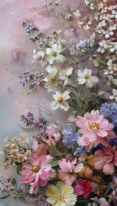 A detailed painting of a collection of spring flowers in soft hues of pink, yellow, blue, and white, perfect as a phone background or iPhone wallpaper.