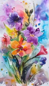 Watercolor painting of a vibrant spring bouquet with assorted flowers in shades of purple, orange, and pink, with colorful splatters on a white background, intended as iPhone wallpaper.