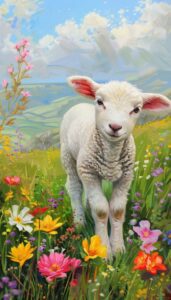 A baby lamb standing amidst a vibrant field of colorful spring flowers, depicted in a painting ideal for an iPhone wallpaper.