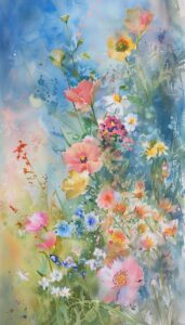 Vibrant watercolor painting of a spring meadow with colorful flowers for an iPhone wallpaper.