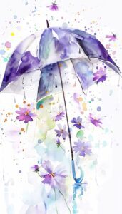 Watercolor painting of a purple umbrella with spring flowers and raindrops against a white background for a phone wallpaper.