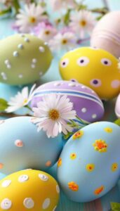 Vibrantly decorated Easter eggs and delicate daisies on a bright spring background, perfect for an iPhone wallpaper or phone background.