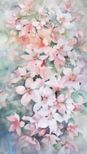 A watercolor iPhone wallpaper featuring a cluster of pink and white blossoms with subtle greenery in the background.