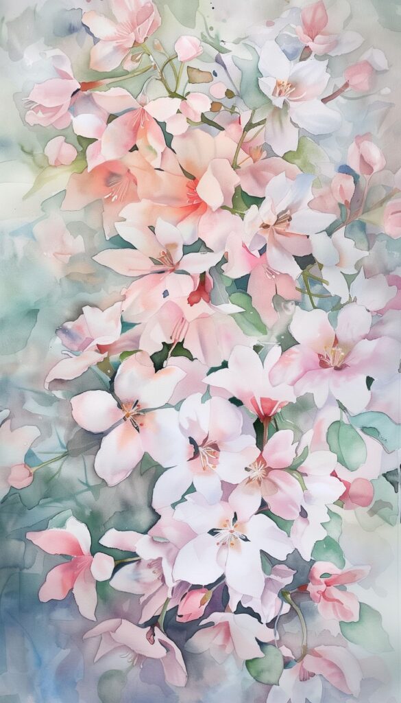 A watercolor iPhone wallpaper featuring a cluster of pink and white blossoms with subtle greenery in the background.