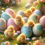 A colorful scene of yellow baby chicks among pastel-colored Easter eggs surrounded by spring flowers, designed as an iPhone wallpaper.