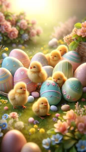 A colorful scene of yellow baby chicks among pastel-colored Easter eggs surrounded by spring flowers, designed as an iPhone wallpaper.