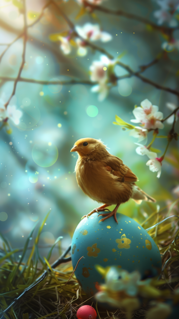 A small bird sits on a decorated Easter egg surrounded by blooming flowers and a bokeh of light, ideal for an iPhone wallpaper reflecting spring and Easter themes.