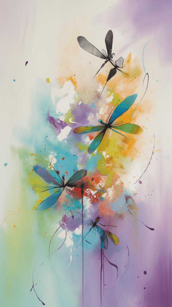 Abstract pastel dragonflies on a splashy, colorful background, creating a vibrant and artistic iPhone wallpaper or phone background.