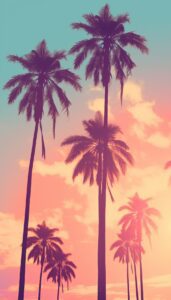 Silhouettes of tall palm trees against a pastel pink and blue gradient sunset sky on an iPhone wallpaper.