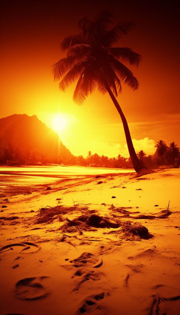 Palm tree silhouette against a vibrant orange sunset on a tropical beach, ideal for iPhone wallpaper or lock screen.