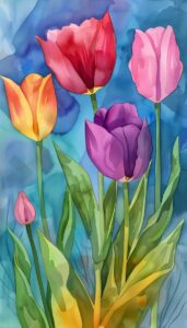 Watercolor painting of vibrant tulips in red, pink, purple, and yellow, with a blue background, designed as an iPhone wallpaper or phone background.