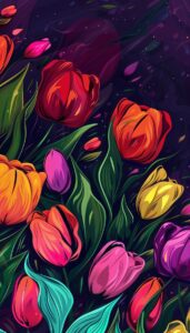 A colorful array of tulips in shades of red, orange, purple, and yellow set against a dark, artistic background, ideal for an iPhone wallpaper or phone background.