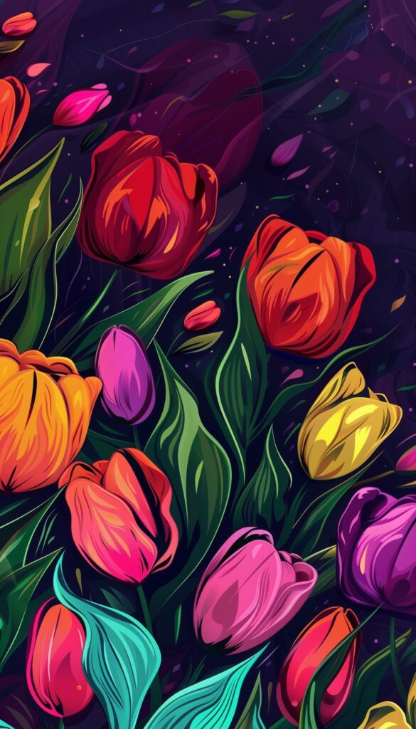 A colorful array of tulips in shades of red, orange, purple, and yellow set against a dark, artistic background, ideal for an iPhone wallpaper or phone background.