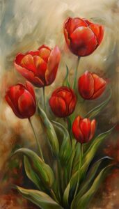 A digital painting of vibrant red tulips with lively green leaves as iPhone wallpaper.