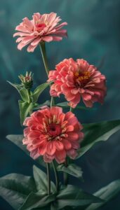 Close-up of three-dimensional pink zinnias with intricate details and a deep teal background, designed for use as a phone wallpaper.