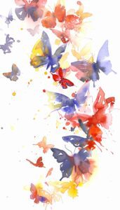 Vibrant watercolor butterflies in red, blue, yellow, and orange hues flutter across a white background, ideal for a stylish and colorful iPhone wallpaper.