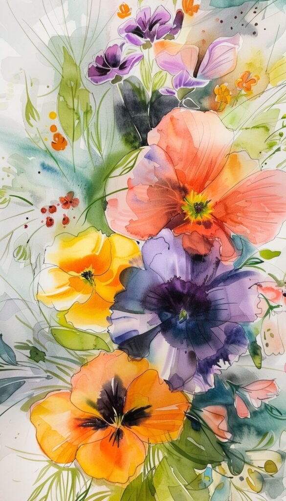 A range of watercolor flowers, including orange pansies and purple blooms, set against a light, airy background, designed for an iPhone wallpaper.