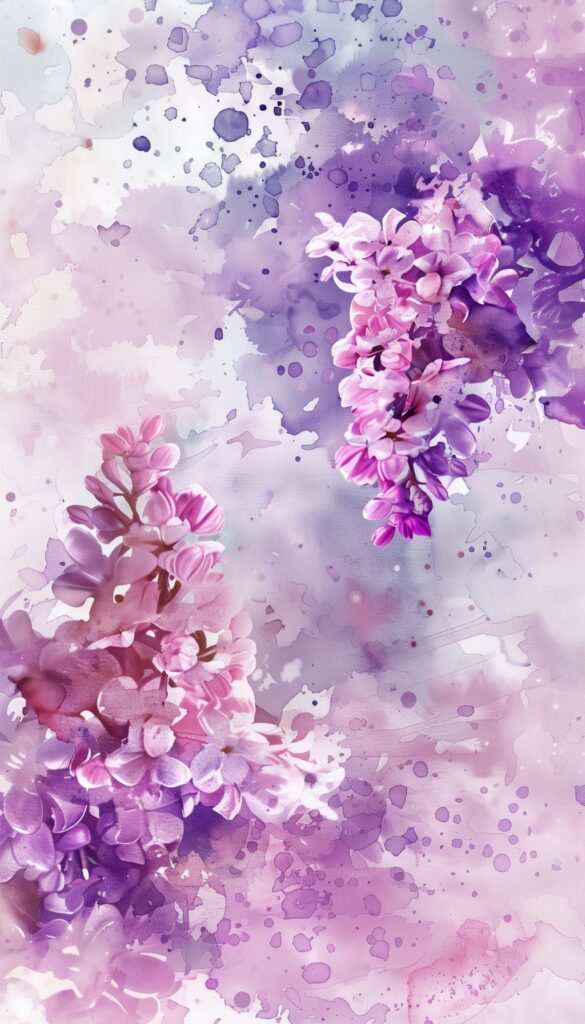Soft purple lilac blossoms with a watercolor effect against a mixed backdrop, created for an artistic iPhone wallpaper or phone background.