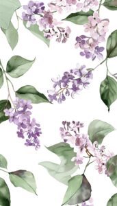 Watercolor illustration of lilac flowers in shades of purple and pink with green leaves, suitable for a stylish iPhone wallpaper.