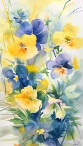 Abstract watercolor painting of blue and yellow spring flowers, designed as an iPhone wallpaper or phone background.